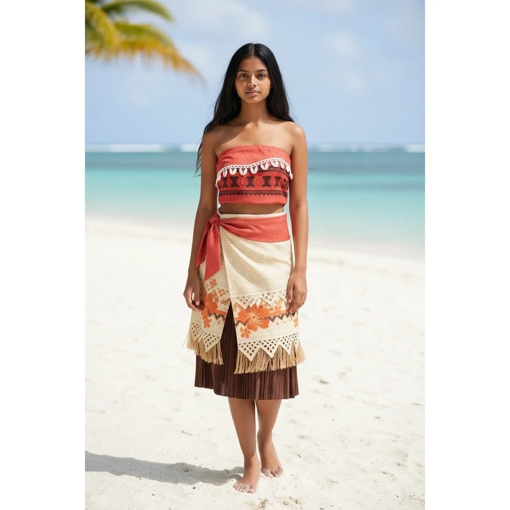 Disney Moana Girls Costume Dress Red Tan Tribal Floral Size S 6/6X 99475L NEW